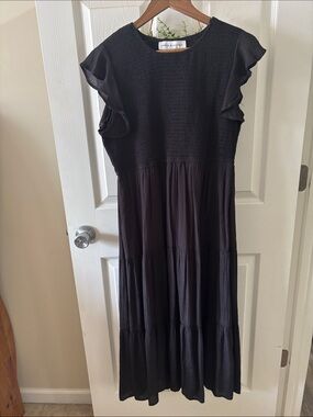 Emma & Michele Black Flutter-Sleeve Tiered Maxi Dress